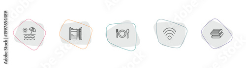hotel and restaurant outline icon set. linear vector for ui, web and mobile. thin line beach, bunk, food icons.