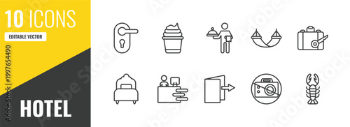 hotel outline icon set. 10 linear vector for ui, web and mobile. thin line doorknob, frozen yogurt, servant icons.