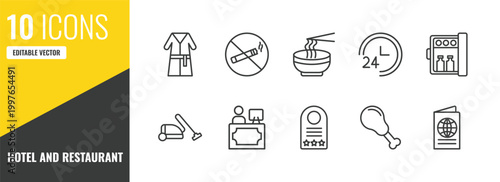 hotel and restaurant outline icon set. 10 linear vector for ui, web and mobile. thin line bathrobe, no smoking, ramen icons.
