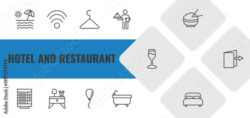 hotel and restaurant outline icon set. linear vector for ui, web and mobile. thin line beach, free wifi, checkroom icons.