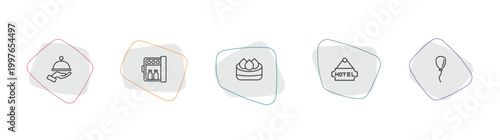 hotel and restaurant outline icon set. linear vector for ui, web and mobile. thin line restaurant tray, minibar, dim sum icons.