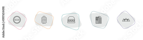 hotel and restaurant outline icon set. linear vector for ui, web and mobile. thin line do not disturb, luggage, cheese burger icons.