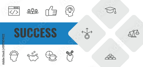 success outline icon set. linear vector for ui, web and mobile. thin line web development, team, thumb up icons.