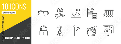 startup stategy and outline icon set. 10 linear vector for ui, web and mobile. thin line jigsaw, commission, web development icons.