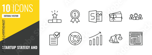 startup stategy and outline icon set. 10 linear vector for ui, web and mobile. thin line pedestal, best, sway icons.