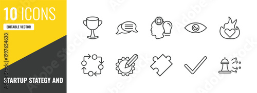 startup stategy and outline icon set. 10 linear vector for ui, web and mobile. thin line cup, discussion, humanpictos icons.