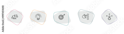 startup stategy and outline icon set. linear vector for ui, web and mobile. thin line balance, idea, mission icons.