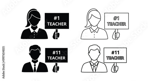 Teachers hold signs to represent academic leadership through a collection of bold black silhouettes and clean outline vector styles.