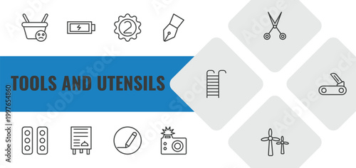 tools and utensils outline icon set. linear vector for ui, web and mobile. thin line empty shopping basket, charged battery, second icons.