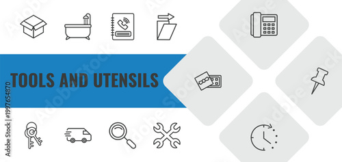 tools and utensils outline icon set. linear vector for ui, web and mobile. thin line open black box, bath tub, telephone agenda icons.