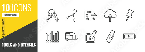 tools and utensils outline icon set. 10 linear vector for ui, web and mobile. thin line key ring with two keys, forceps, firetruck icons.