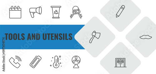 tools and utensils outline icon set. linear vector for ui, web and mobile. thin line calendar page, megaphone side view, recycling bin icons.