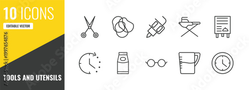 tools and utensils outline icon set. 10 linear vector for ui, web and mobile. thin line open scissors, rubber bands, tattoo icons.