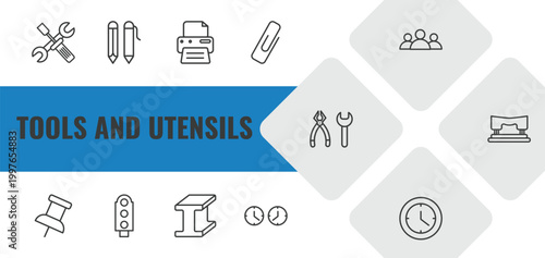 tools and utensils outline icon set. linear vector for ui, web and mobile. thin line reparation, writing tool, blank paper and printer icons.