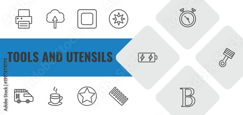tools and utensils outline icon set. linear vector for ui, web and mobile. thin line print button, up arrow and cloud, basic square icons.
