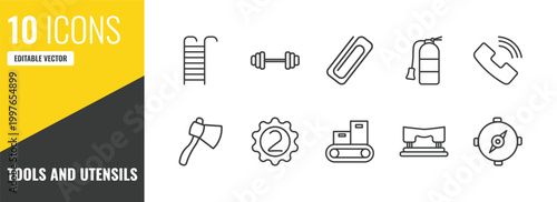 tools and utensils outline icon set. 10 linear vector for ui, web and mobile. thin line hanging ladder, exercise with dumbbells, attachments icons.