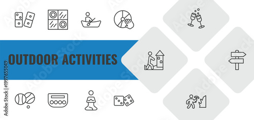 outdoor activities outline icon set. linear vector for ui, web and mobile. thin line dominoes, checkers, boat race icons.