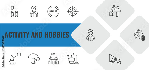 activity and hobbies outline icon set. linear vector for ui, web and mobile. thin line wood carving, newspaper readign, dealer icons.