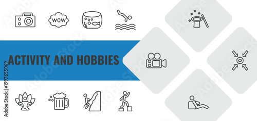 activity and hobbies outline icon set. linear vector for ui, web and mobile. thin line photography, comic, aquarium icons.