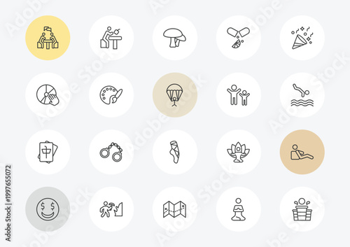 activity and hobbies outline icon set. linear vector for ui, web and mobile. thin line meeting with a friend, disc jockey, mahjong icons.