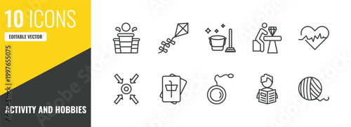 activity and hobbies outline icon set. 10 linear vector for ui, web and mobile. thin line beer pong, flying a kite, cleaning icons.