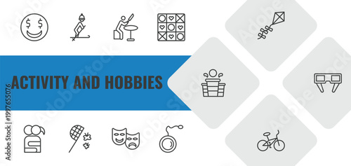 activity and hobbies outline icon set. linear vector for ui, web and mobile. thin line greedy, skiing, knife making icons.