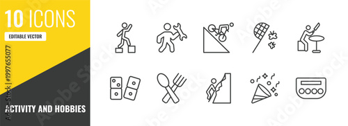 activity and hobbies outline icon set. 10 linear vector for ui, web and mobile. thin line parkour, repairing, downhill icons.