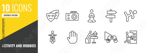 activity and hobbies outline icon set. 10 linear vector for ui, web and mobile. thin line cosplaying, photography, meditating icons.