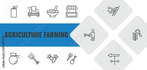 agriculture farming outline icon set. linear vector for ui, web and mobile. thin line sprayer, combine harvester, cereals icons.