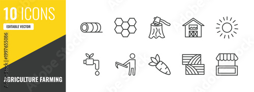 agriculture farming outline icon set. 10 linear vector for ui, web and mobile. thin line bale of hay, honeycomb, wood chop icons.