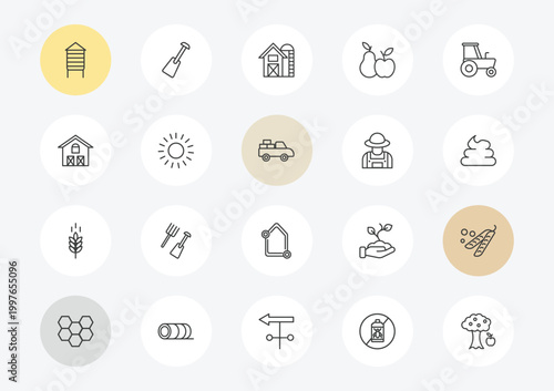 agriculture farming outline icon set. linear vector for ui, web and mobile. thin line silo, farm house, oat icons.