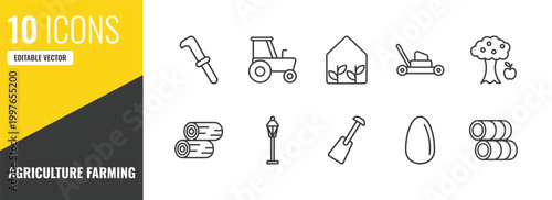 agriculture farming outline icon set. 10 linear vector for ui, web and mobile. thin line billhook, tractor, greenhouse icons.