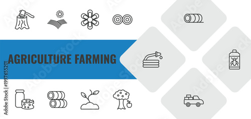 agriculture farming outline icon set. linear vector for ui, web and mobile. thin line wood chop, farm field, spring flower icons.