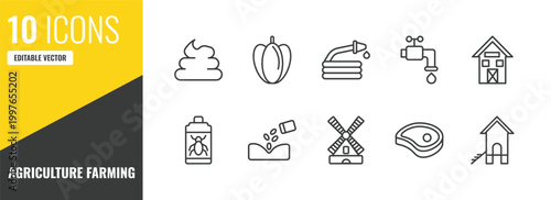 agriculture farming outline icon set. 10 linear vector for ui, web and mobile. thin line poo, capsicum, hose icons.