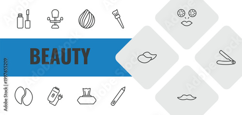 beauty outline icon set. linear vector for ui, web and mobile. thin line lip gloss, beauty salon chair, hair sample icons.