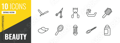 beauty outline icon set. 10 linear vector for ui, web and mobile. thin line vintage razor, manicure scissors, eyelashes curler icons.