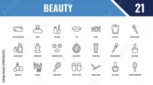 beauty outline icon set. linear vector for ui, web and mobile. thin line wipes, makeup brush, cream tube icons.