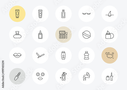 beauty outline icon set. linear vector for ui, web and mobile. thin line cream tube, wipes, woman lips icons.