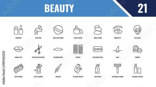 beauty outline icon set. linear vector for ui, web and mobile. thin line soap bar, face mask, big razor blade icons.