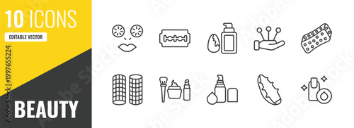 beauty outline icon set. 10 linear vector for ui, web and mobile. thin line cucumber slices on face, big razor blade, liquid makeup icons.