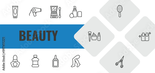 beauty outline icon set. linear vector for ui, web and mobile. thin line cream tube, hairdryer facing left, big makeup box icons.