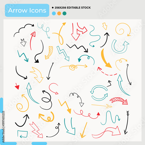 Hand drawn arrow icons collection with multiple colors, white background
