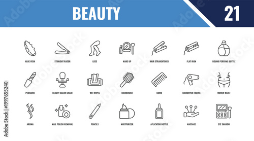 beauty outline icon set. linear vector for ui, web and mobile. thin line straight razor, round perfume bottle, comb icons.