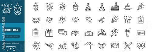 Birth day web line icons set party celebration event decoration balloons cake gift surprise surprise web line icons set & more vector illustration on editable stroke