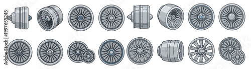 Jet Engine Turbine Fan Set Aviation Technology Parts Vector Illustration Collection