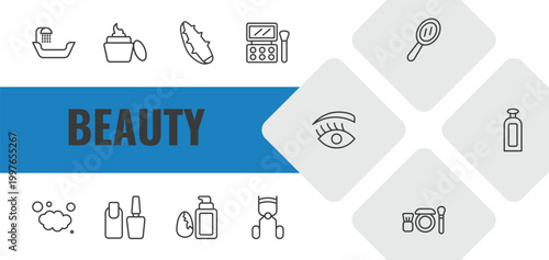 beauty outline icon set. linear vector for ui, web and mobile. thin line hair washer sink, facial cream, aloe vera icons.