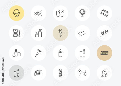 beauty outline icon set. linear vector for ui, web and mobile. thin line woman face, big makeup box, concealer icons.