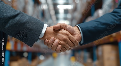 A close-up shot captures a firm handshake between two executives in a grey and blue suit amidst the aisles of a busy industrial warehouse facility