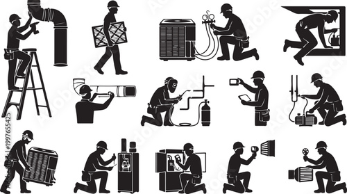 Professional Masonry Worker Silhouettes - Bricklayer and Concrete Construction Workers