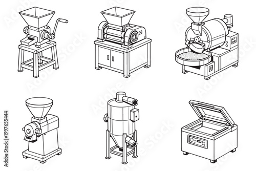 Industrial Processing Machines Line Art Icons Set Including Mill Grinder Roaster Separator And Vacuum Sealer
